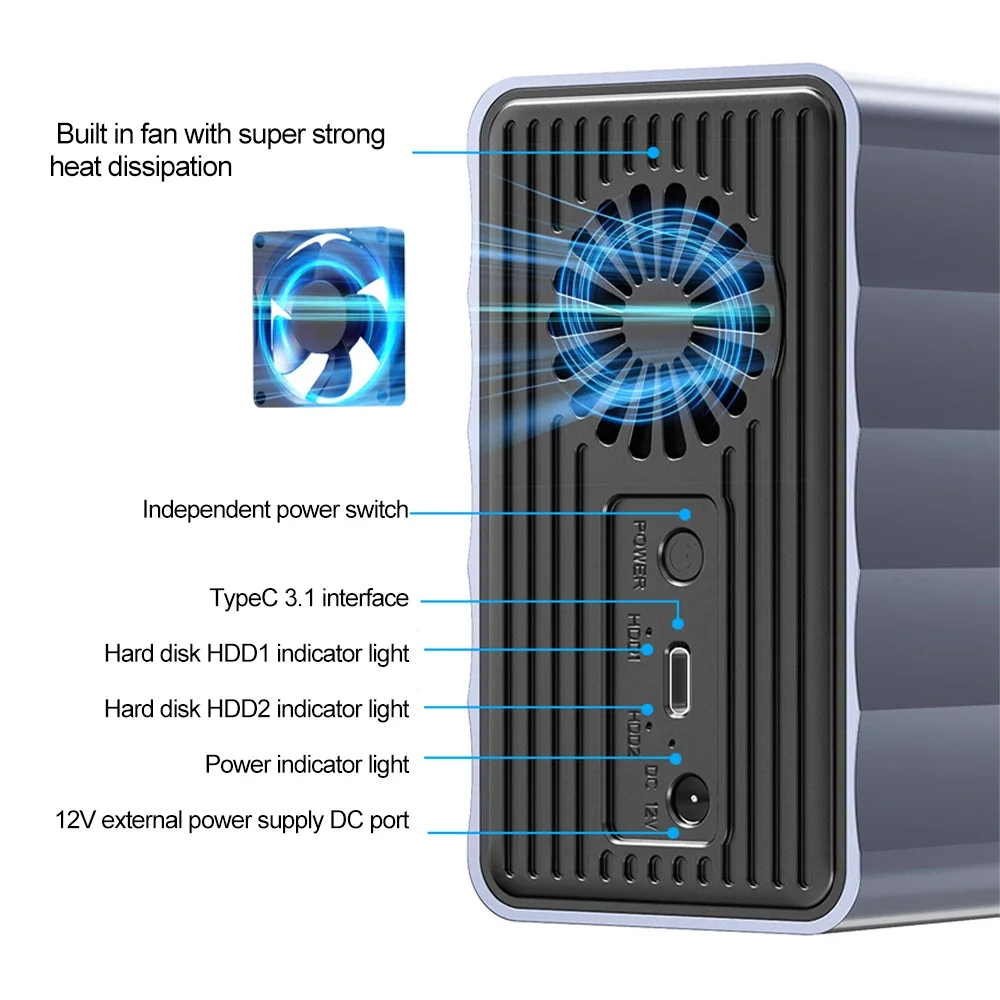 Caja HDD/SSD de doble bahía SATA 4 modos RAID caja de almacenamiento estación de acoplamiento de disco duro para caja de disco duro externo de 2,5/3,5 pulgadas - imagen 5