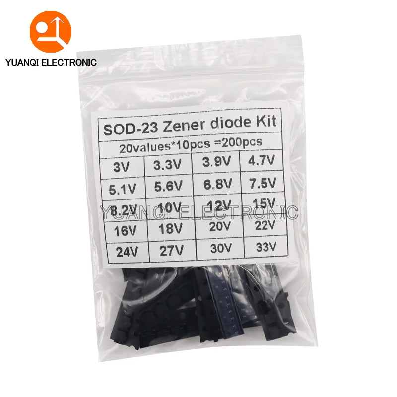 200 Uds SMD SOT-23 Kit surtido de diodos Zener SOT23 3V - 33V 20 valores cada 10 Uds juego de muestras DIY