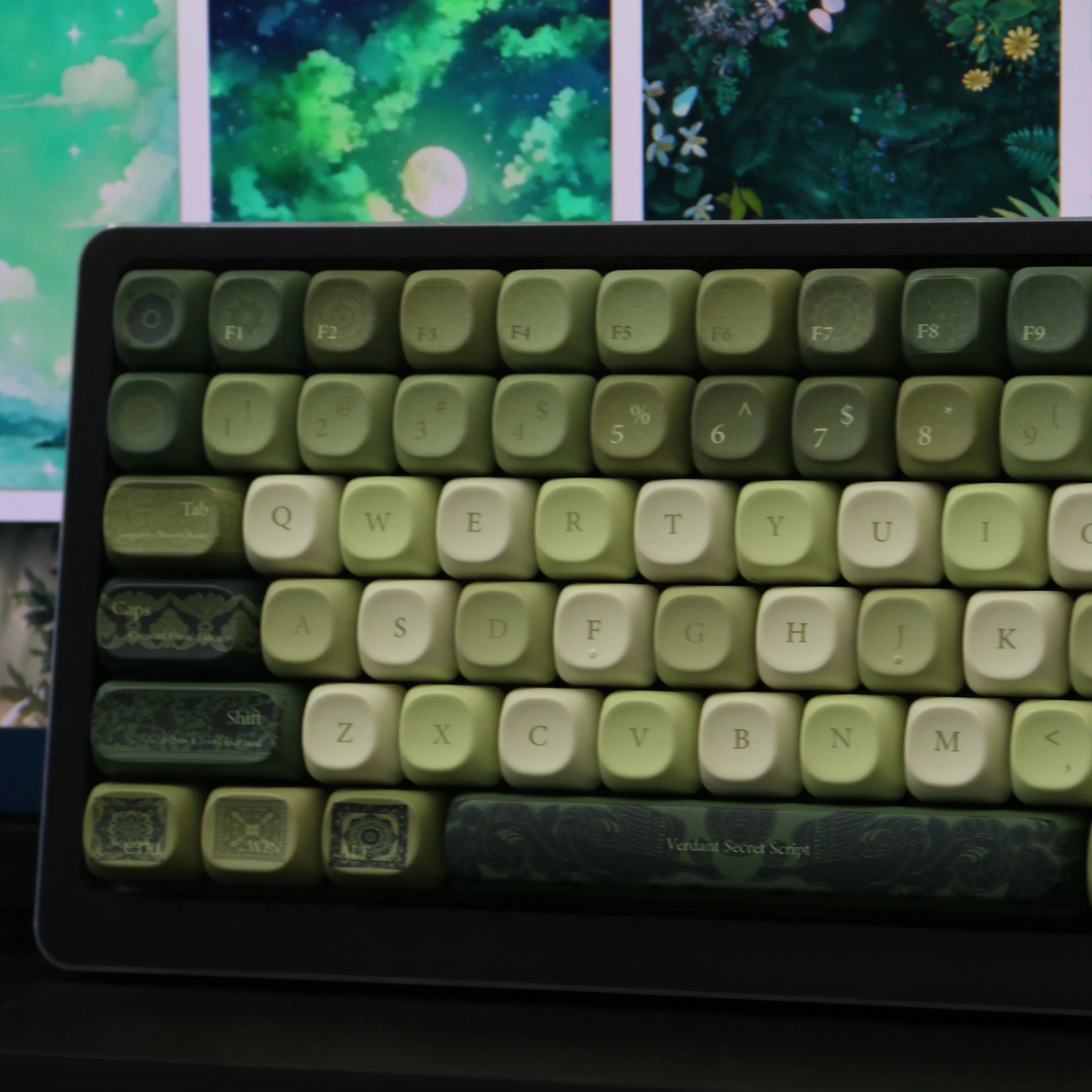Juego de teclas con tema de patrón verde, teclas PBT MOA Cherry Profile personalizadas originales hechas a mano para accesorios de teclado mecánico DIY - imagen 3