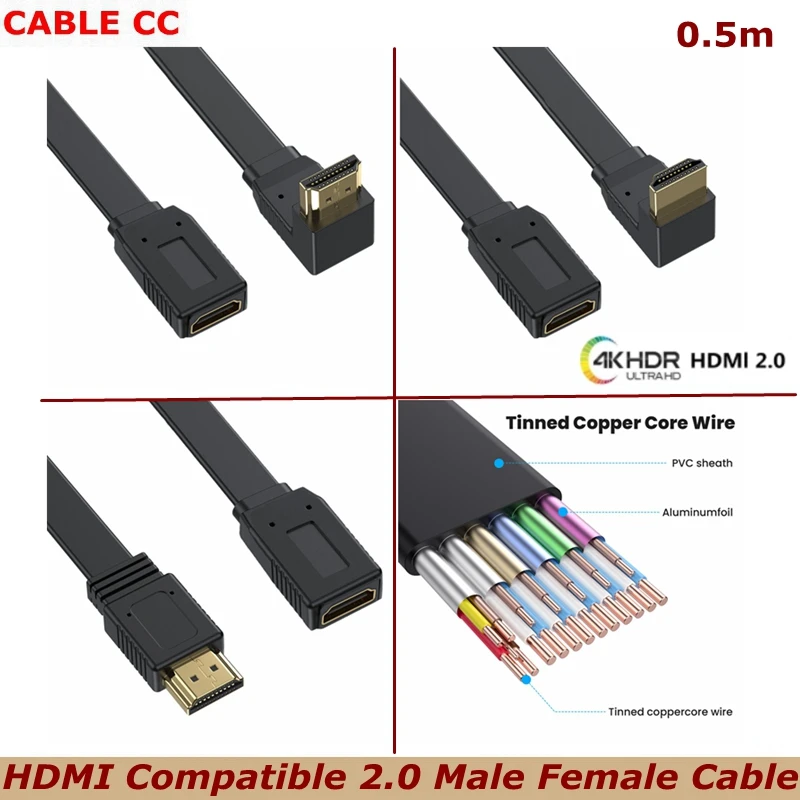 HDMI chapado en oro de 50 cm hacia arriba y hacia abajo - compatible con la versión 2.0 4K 60 HZ Todo cobre 19 + 1 Cable HD extendido plano macho y hembra