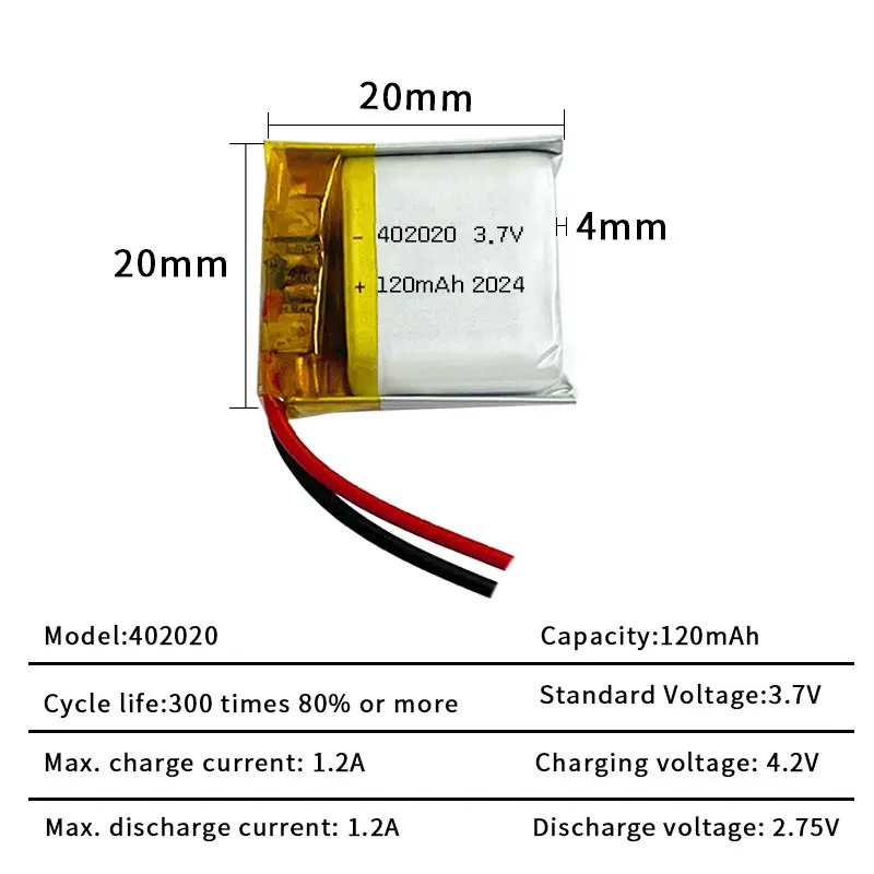 402020 Batería de polímero de litio Li Po 3.7V 120mAh 042020 Baterías de iones de litio para teléfono inalámbrico Bluetooth Mouse Auriculares Altavoz - imagen 3