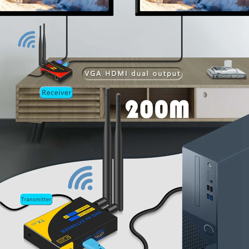 Extensor de transmisión inalámbrica H.265 5G 4K 200m, transmisor y receptor de Audio y vídeo, pantalla HDMI VGA, Cable de red transceptor - imagen 2