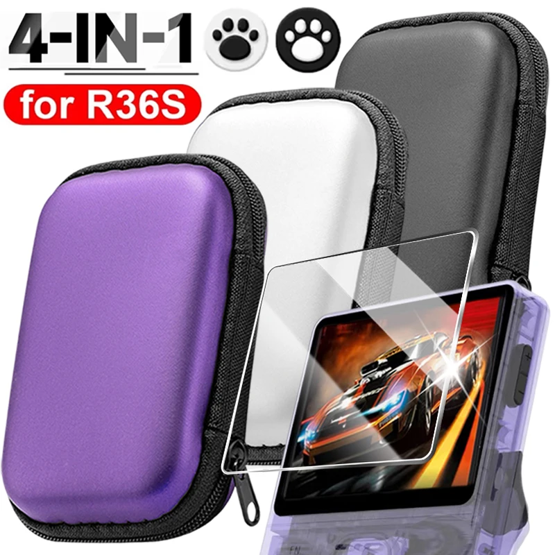 Vidrio + bolsa para R36S/R35S Protector de pantalla vidrio templado película antiarañazos juego Joystick pulgar agarre tapa EVA estuche de almacenamiento portátil