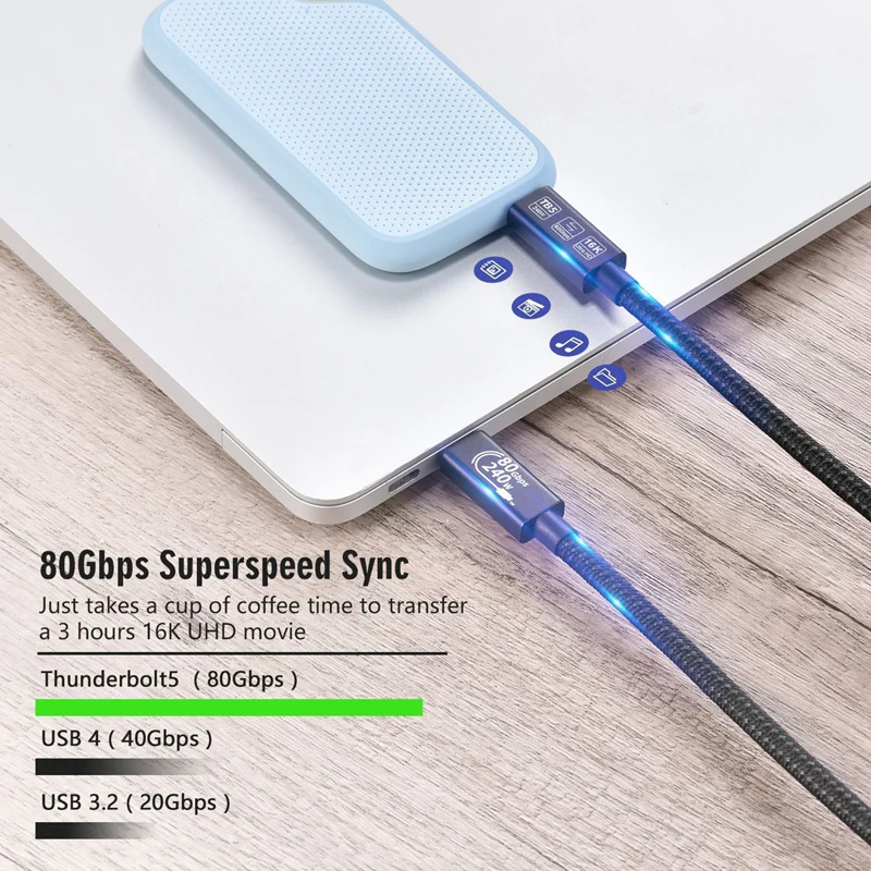 2M USB4 4,0 TYPE-C 80Gbps 16K Thunderbolt 3/4/5 amplificación 48V 5A PD3.1 240W Cable de alimentación de carga de vídeo para teléfono portátil HDTV - imagen 3
