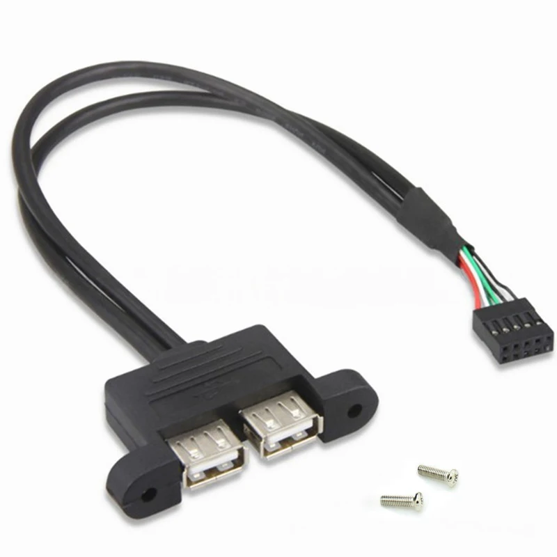 Cable convertido USB Dual a 9 pines de 2,54mm con orificio para tornillo, adaptador de enchufe hembra a hembra, Cable protector, Panel de PC, placa base, extensión USB