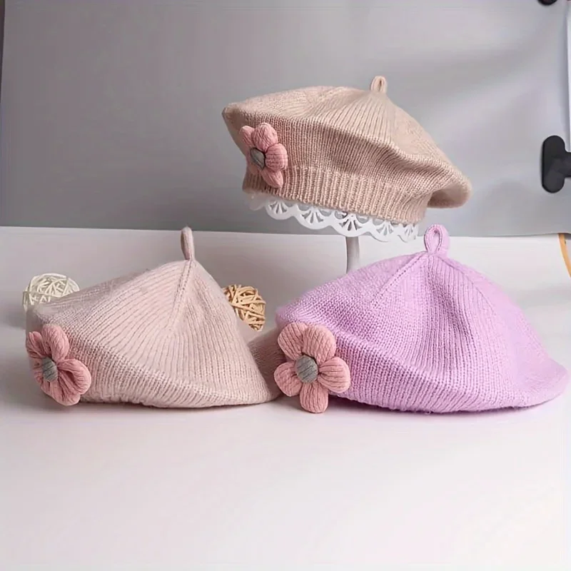 Gorro de boina de flores para bebé, gorro de punto cálido para invierno para niñas pequeñas, gorros de pintor de Color sólido de artista de princesa coreano para niños pequeños - imagen 5