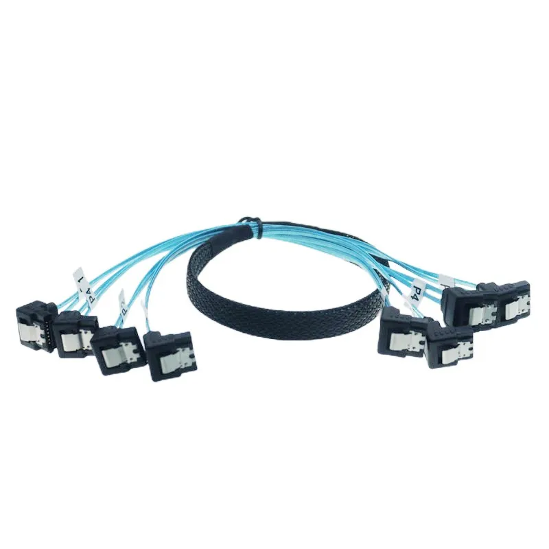 Cable interno SATA 3,0 (Serial ATA) de 7 pines, 90 acordes, en ángulo, azul, 4 SATA a 4 SATA, 1M/0,5 M