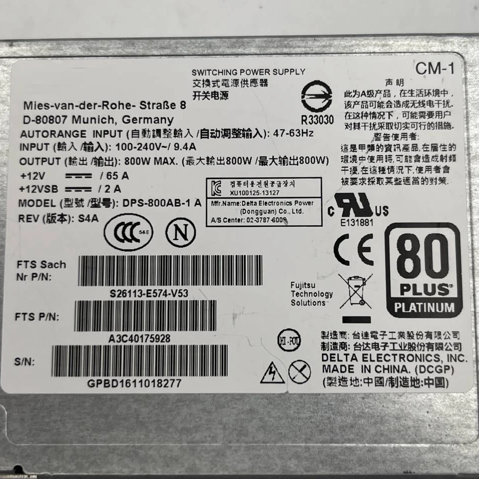 Totalmente probado para la fuente de alimentación Fujitsu 800W DPS-800AB-1 A S26113-E574-V53