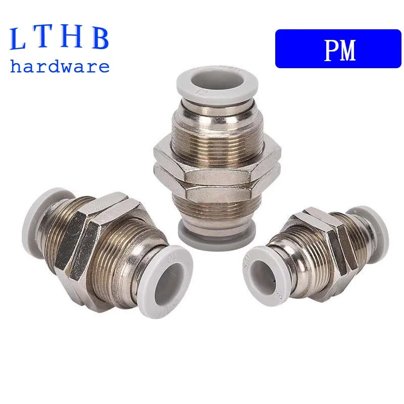 Accesorios neumáticos de mamparo PM, conector de manguera de aire de 4/6/8/10/12mm, conexión de tubo de empuje de plástico de alta resistencia, acoplamiento rápido