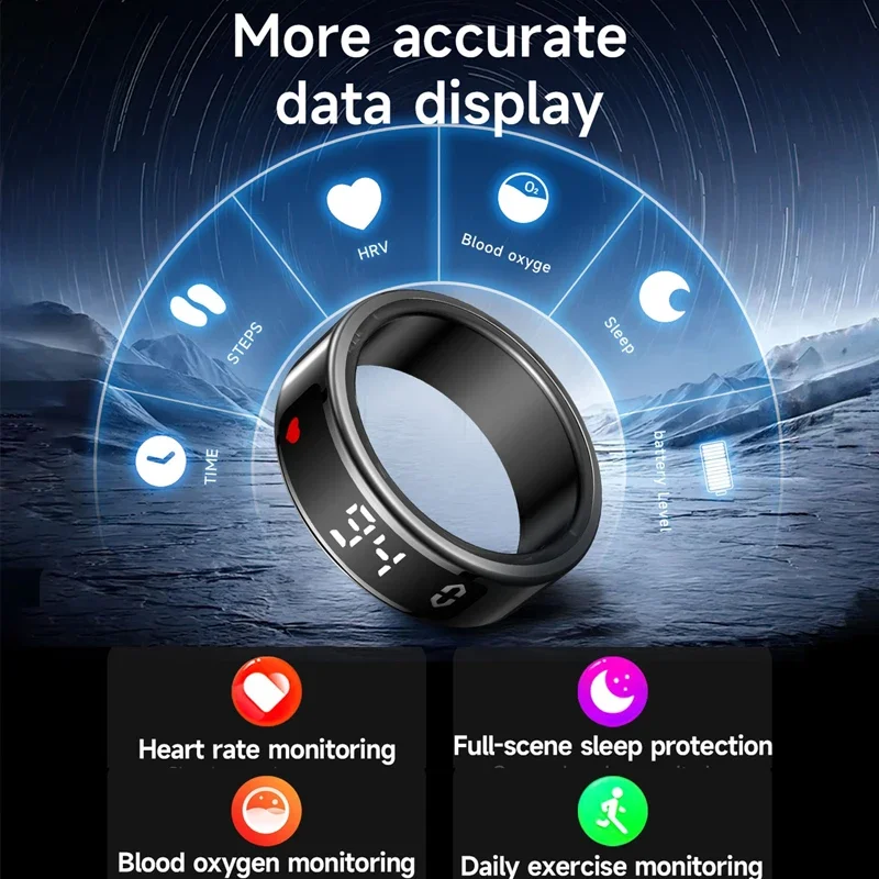 Anillo inteligente con pantalla LED para hombre, Monitor de ritmo cardíaco, oxígeno en sangre, sueño, cepillo, vídeo, 5ATM, resistente al agua, modo multideportivo - imagen 4