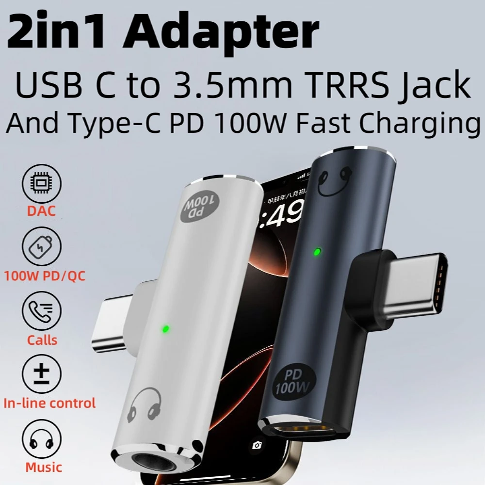 USB C a 3,5 mm para auriculares y cargador Adaptador 2 en 1 Tipo C a conector de audio auxiliar con dongle de carga rápida PD 100 W para computadora portátil móvil - imagen 2