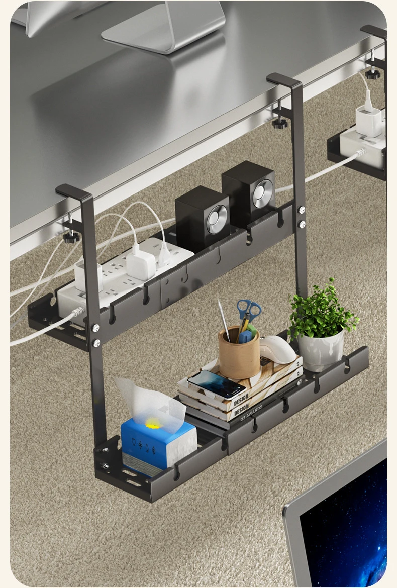 KW-2 31-55cm debajo del escritorio estante de almacenamiento enchufable ajustable estante doble gestión de cables montaje clasificación abrazadera de enchufe almacenamiento de oficina - imagen 3