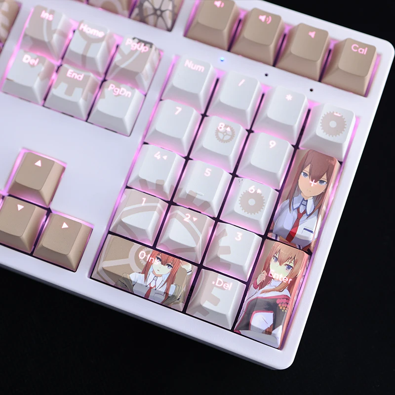 108 teclas/juego Steins Gate Makise Kurisu Keycap PBT tinte subcama retroiluminado Keycaps Anime Gaming Key Caps para ANSI 61 87 104 108 - imagen 5