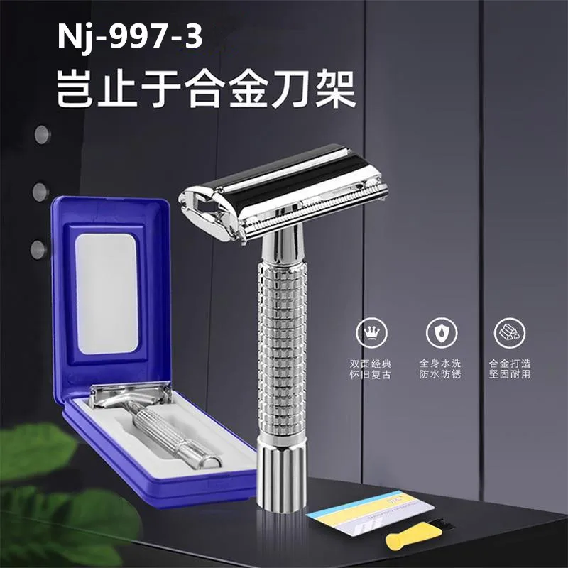 Maquinilla de afeitar clásica 2 en 1 para hombre, maquinilla de afeitar Manual de doble filo, cuchilla de depilación, recortadora de barba, afeitadora con estuche de espejo de viaje NJ-997 - imagen 2