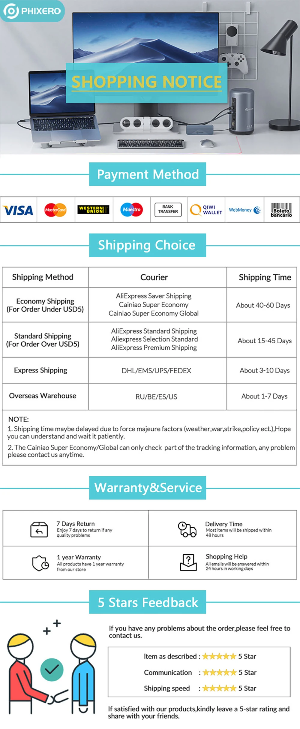 Un aviso de compra o un gráfico de información de servicio al cliente. Incluye varias secciones con detalles sobre métodos de pago, opciones de envío, garantía y servicio, y una sección de comentarios de 5 estrellas.