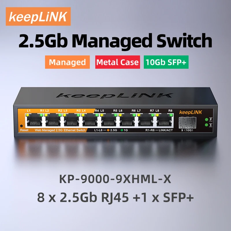 KeepLiNK-conmutador gestionado multigigabit de 9 puertos, 8 puertos, 2,5 Gb, Ethernet y 1 puerto, 10G, SFP +