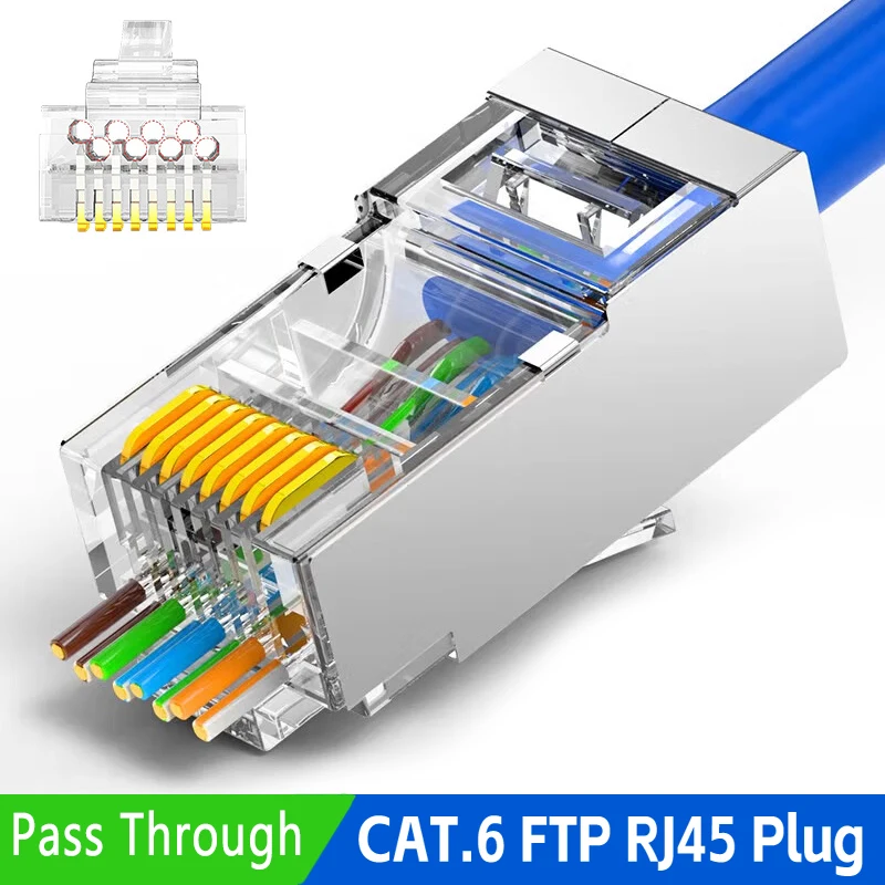 Cat6 paso a través de enchufe Modular RJ45 blindado chapado en oro 8P8C RJ45 extremos conectores de red UTP STP para cables trenzados sólidos