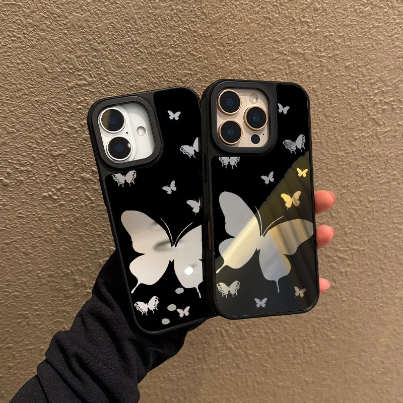 Funda para iphone 11 12 13 14 15 16 Pro Max Plus Series Funda de teléfono con espejo de tpu transparente con patrón de mariposa calado negro - imagen 3
