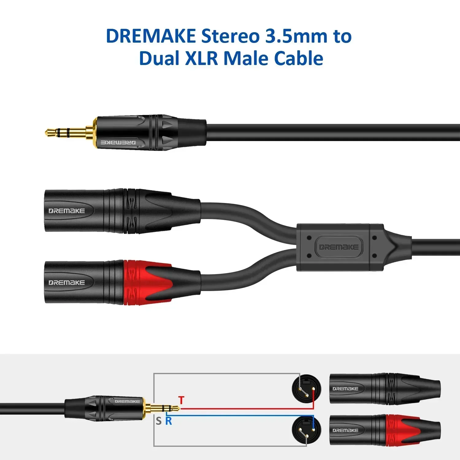 DREMAKE Jack 3,5mm TRS estéreo a doble XLR macho Cable de conexión 3,5mm 1/8 pulgadas a doble XLR macho adaptador Breakout Y Cable divisor - imagen 5