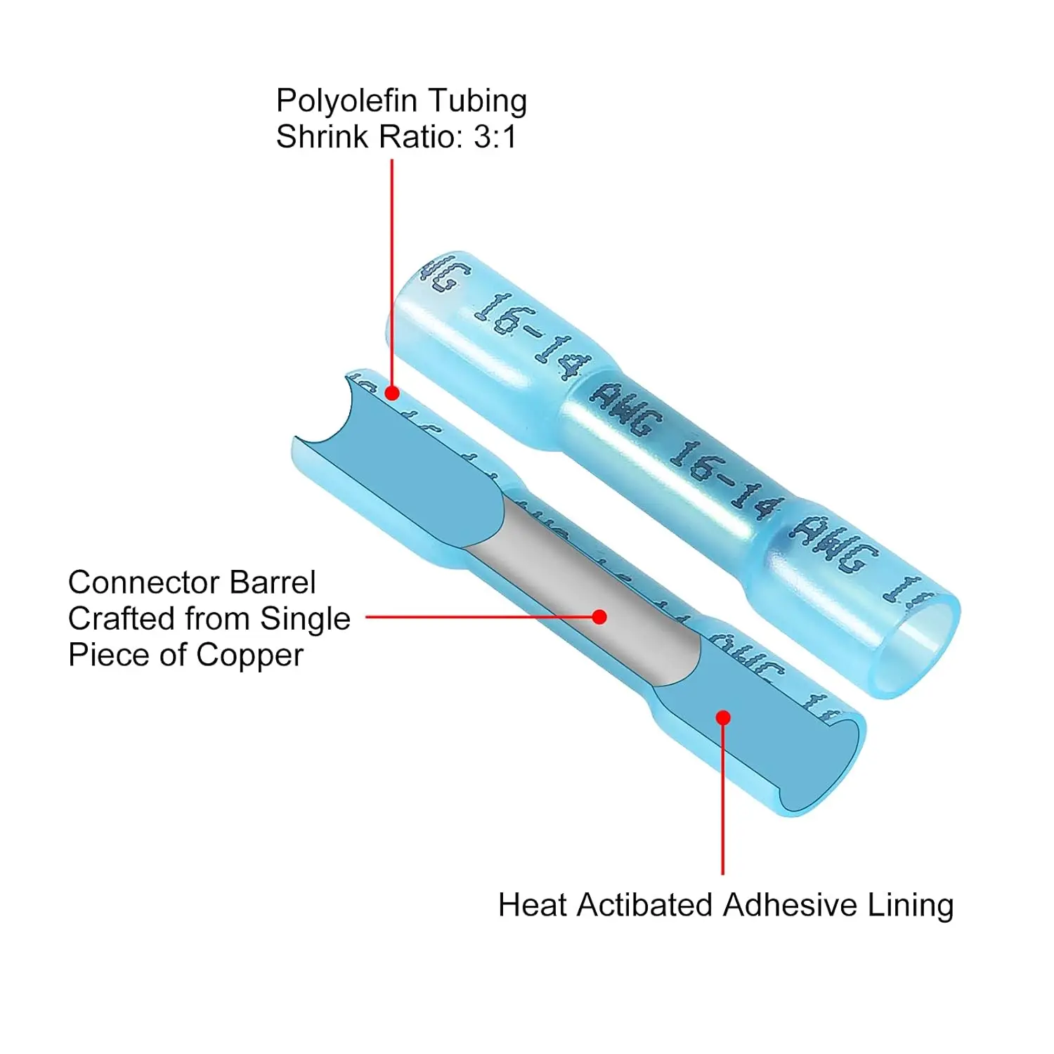 200 Uds conectores a tope termorretráctiles azul 16-14 AWG Kit de conectores eléctricos conectores de cable conectores de engarzado marinos automotrices - imagen 3
