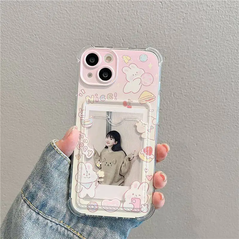 INS coreano lindo conejo rosa ranura para tarjeta bolsa soporte funda de teléfono para IPhone 16 15 14 13 12 11 Pro Max 16 Plus 12 Mini 7 8 X XR cubierta - imagen 3