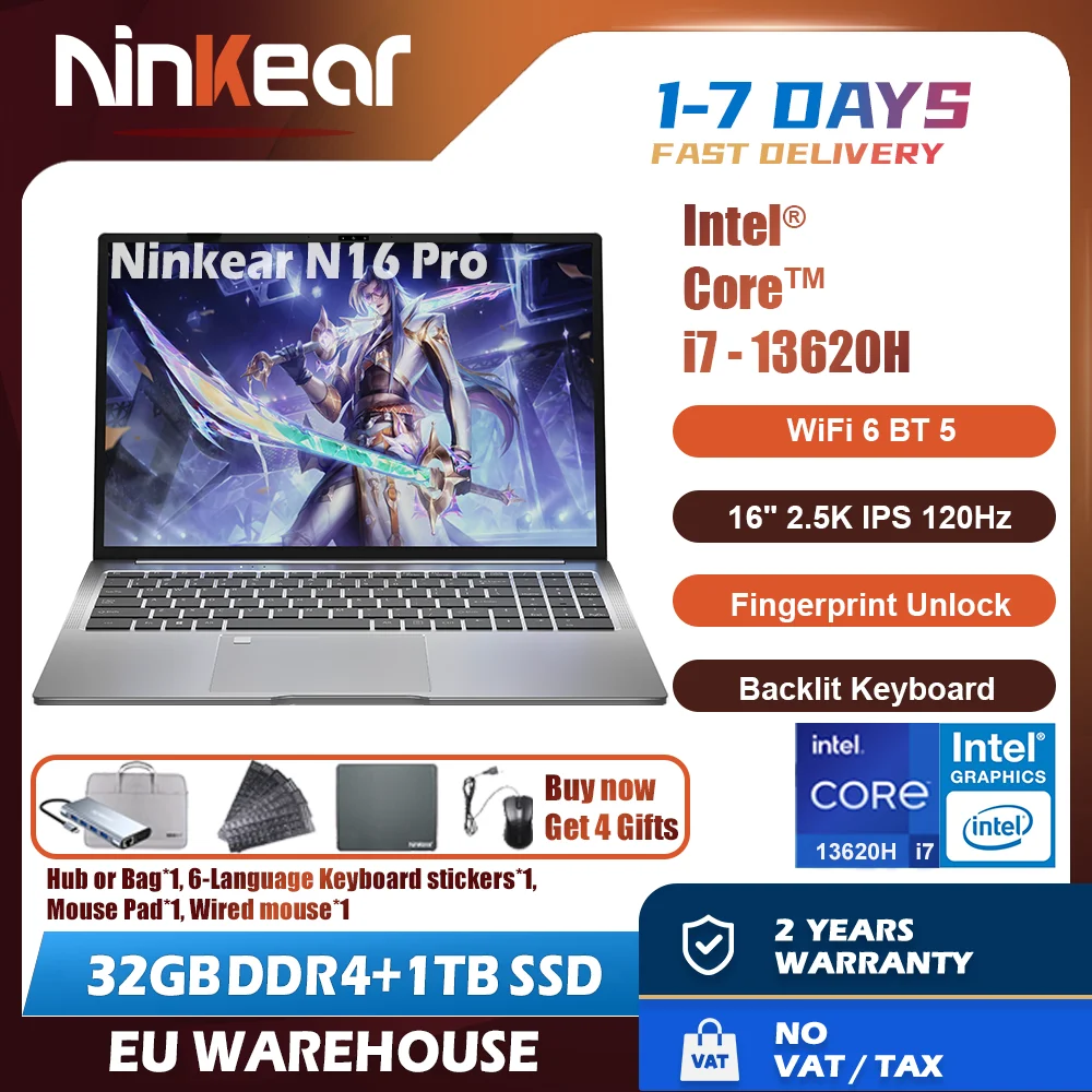 Ninkear N16 Pro Gaming Laptop 13.o Intel i7-13620H 16 pulgadas 2.5K IPS 120Hz Computadora 32GB DDR4 + 1TB SSD WiFi 6 Desbloqueo de huellas dactilares - imagen 2
