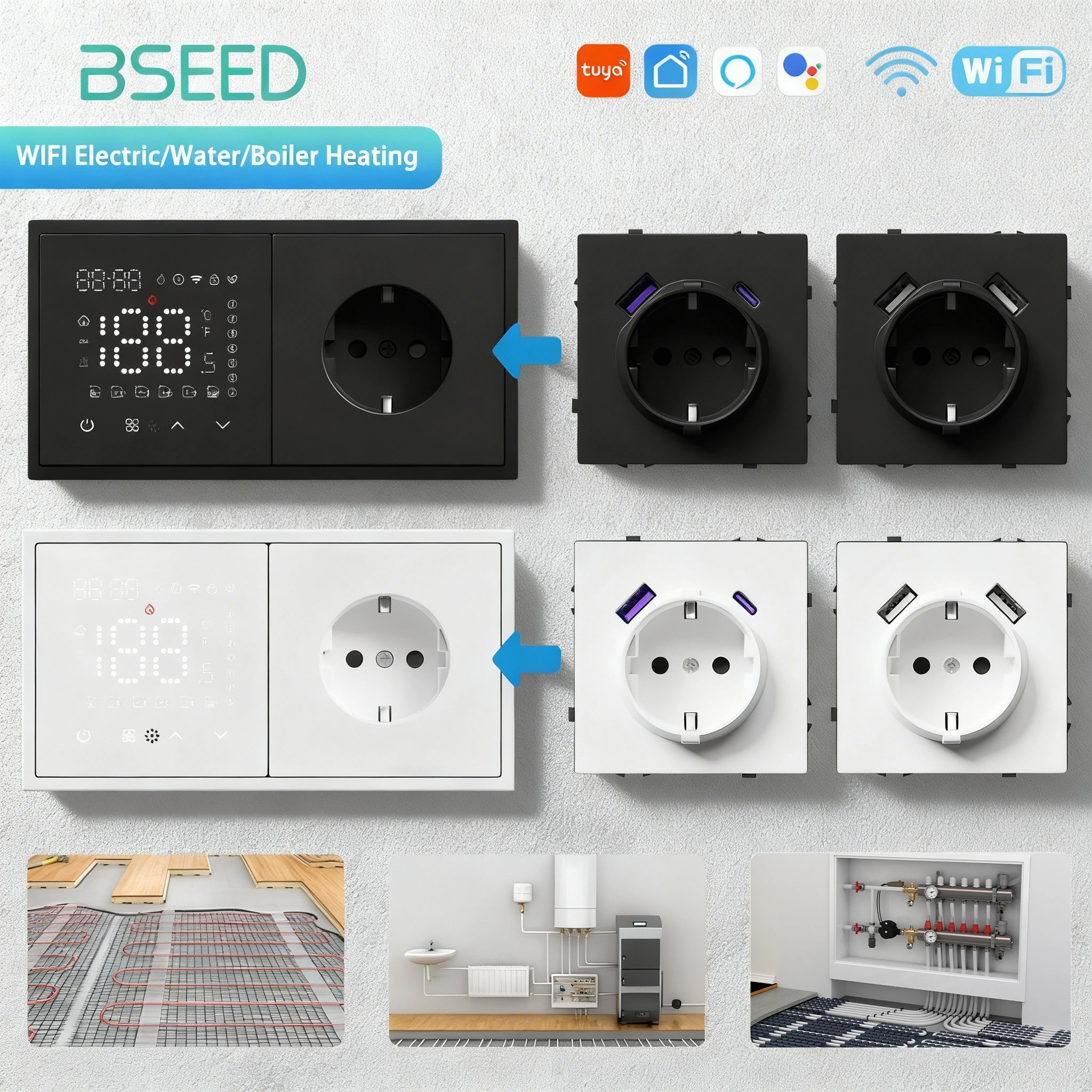 BSEED WIFI calefacción eléctrica caldera de agua termostato inteligente con enchufe compatible con Alexa Google controlador de temperatura marco de plástico