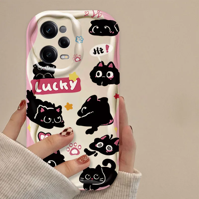 러블리 블랙 캣 3D 웨이브 케이스, 샤오미 레드미 노트 13, 12 프로 플러스, 4G, 5G, 12S, 11S, 1110, 10S, 9, 9S, 레드미 14C, 13C, 12C, A3 클리어 커버 - imagen 3