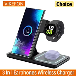 Auriculares 3 en 1, cargador inalámbrico, soporte de escritorio para Samsung S24 S23 Galaxy Watch 2-8 Active 1 2 Buds Pro LED, estación de carga rápida