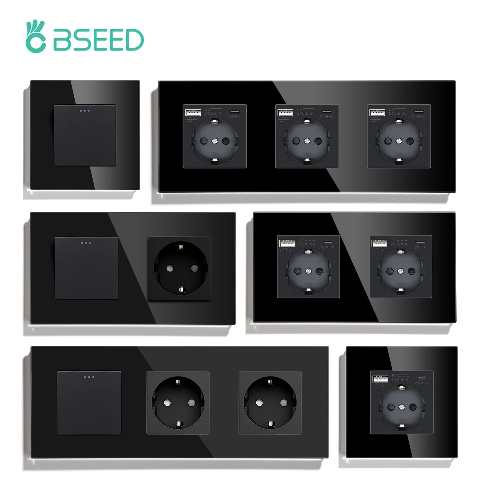 BSEED 1/2/3 interruptor de luz mecánico enchufe de pared de 1 vía puertos de carga USB tipo c enchufes de corriente de la UE Panel de vidrio 16A - imagen 2