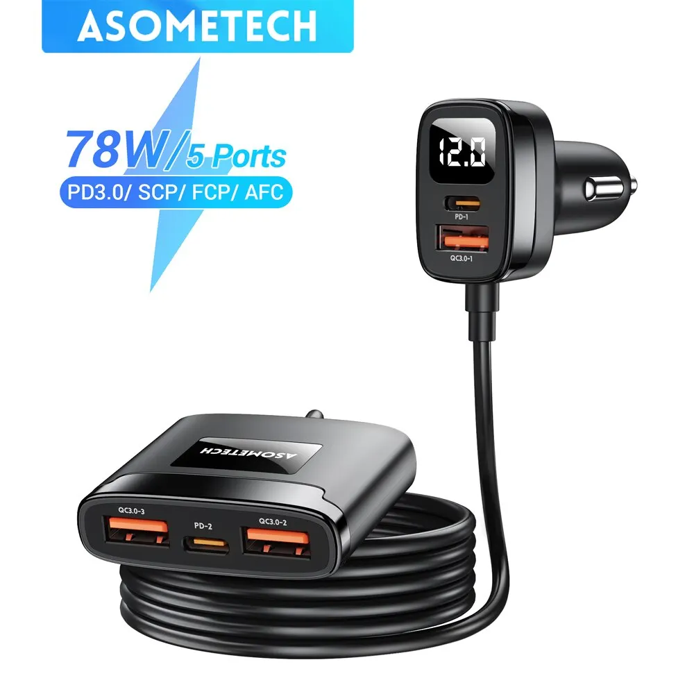 ASOMETECH-cargador USB tipo C para coche, dispositivo de carga rápida con 5 puertos QC3.0, PD3.0, SCP, para iPhone, Samsung, Tablet, Xiaomi, 78W