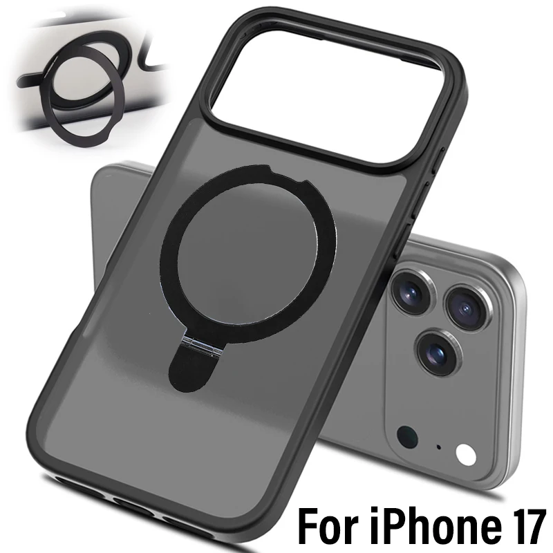 Funda magnética transparente HD para PC dura para iPhone 17 Pro Max, funda trasera a prueba de golpes, carcasa magnética transparente con soporte para anillo