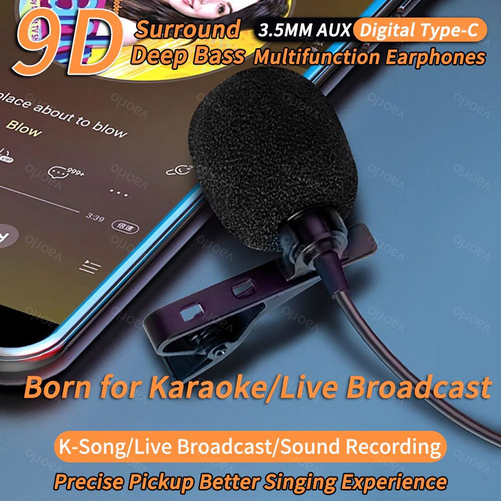 Auriculares intrauditivos con cable para Karaoke, transmisión en vivo de 2 metros, HiFi 9D, graves pesados, micrófono Dual, 3,5mm, AUX/tipo C, Chip Digital - imagen 2