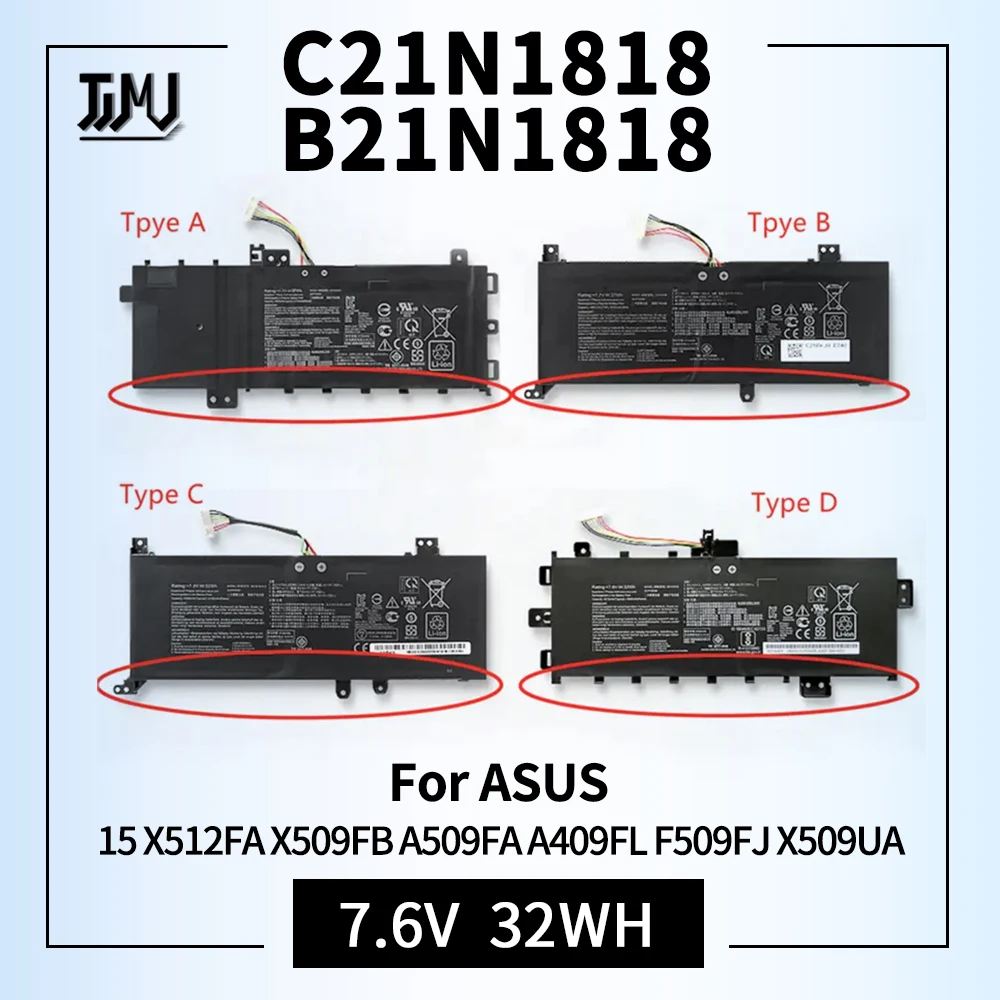 Batería de ordenador portátil, 32Wh, para ASUS C21N1818, B21N1818, B21N1818-1, B21N1818-2, 15, X512FA, X509FB, A509FA, A409FL, F509FJ, X509UA
