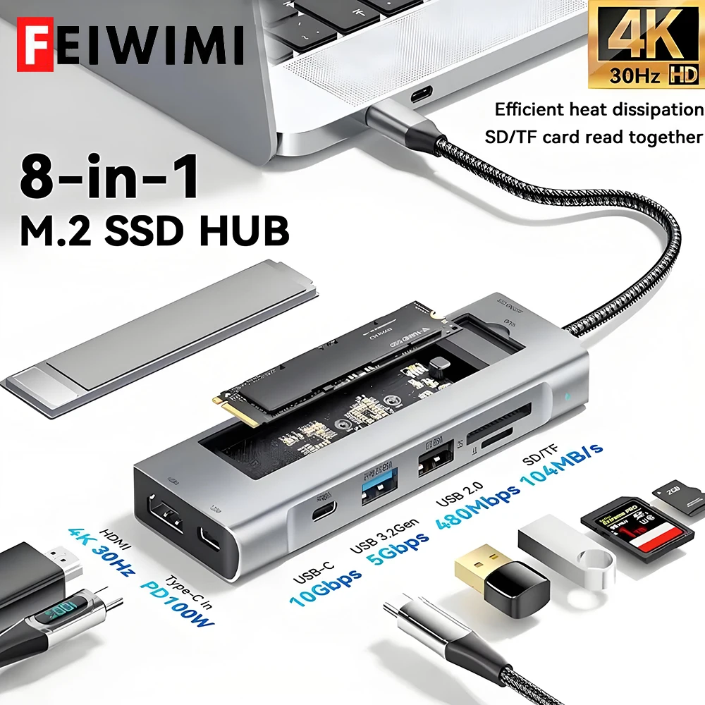 Hub USB 8 en 1 con función de almacenamiento de disco M.2 SATA NVME SSD carcasa tipo C a estación de acoplamiento Compatible con HDMI para Macbook Pro