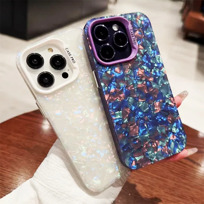 Funda de mármol de concha de sueño con purpurina ostentosa de lujo para iPhone 13 14 11 12 15 16 17 Pro Max, cubierta trasera acrílica dura con parachoques suave - imagen 2