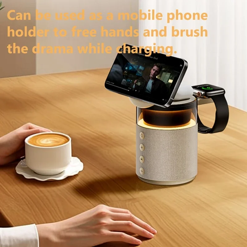Altavoces inalámbricos con Bluetooth, luz nocturna de ambiente, escritorio, dormitorio, mesita de noche, soporte estéreo para IPhone/reloj/AirPods, carga inalámbrica - imagen 5