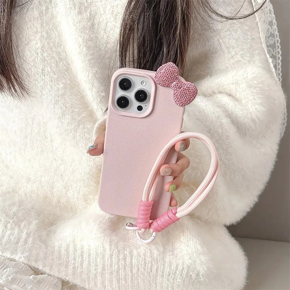 Funda de teléfono suave con patrón de Litchi y lazo de diamantes de imitación 3D para iPhone 11 12 13 14 15 16 Pro Max Plus 16E X XS XR con cubierta de cuerda con cordón - imagen 5