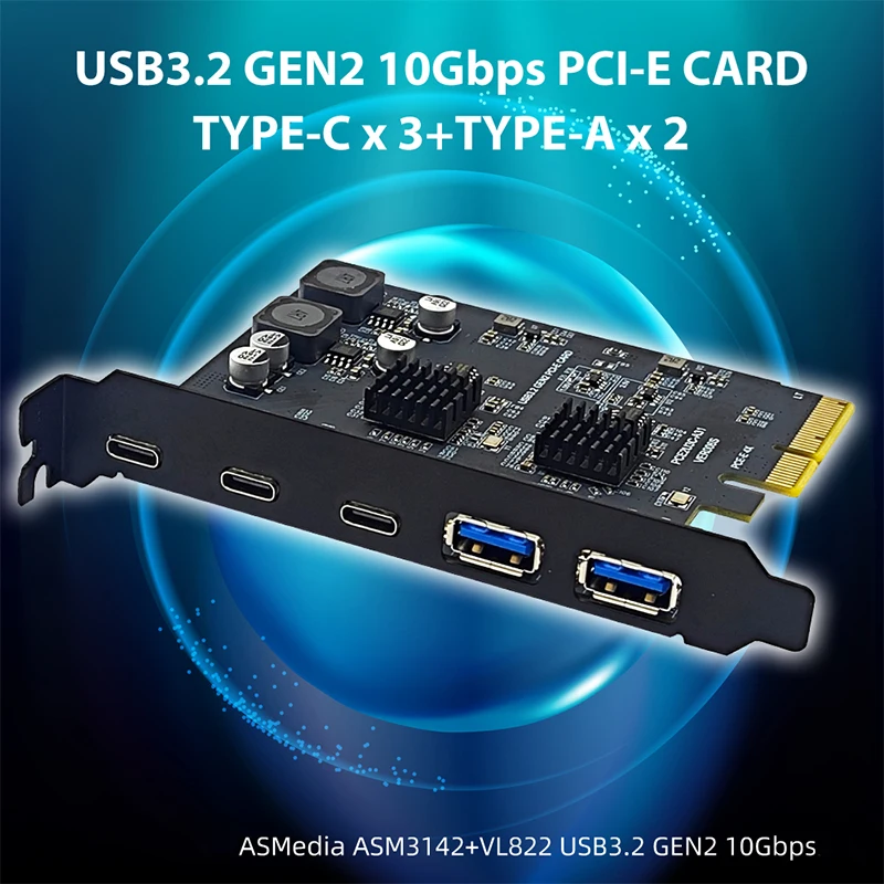 Adaptador PCI Express X4 a 3 puertos tipo C + 2 puertos USB3.2 Gen2 10gbps ASM3142 + VL822 Chip PCIE tarjeta de expansión USB 3,2 HUB, nuevo