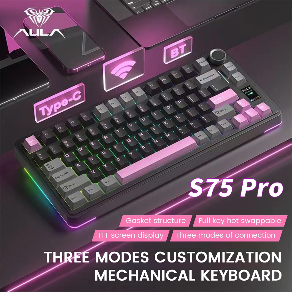 Teclado mecánico para juegos AULA S75 Pro, 75% intercambiable en caliente, retroiluminado RGB, teclas PBT de 4000mAh, teclado inalámbrico con perilla de pantalla LED - imagen 2