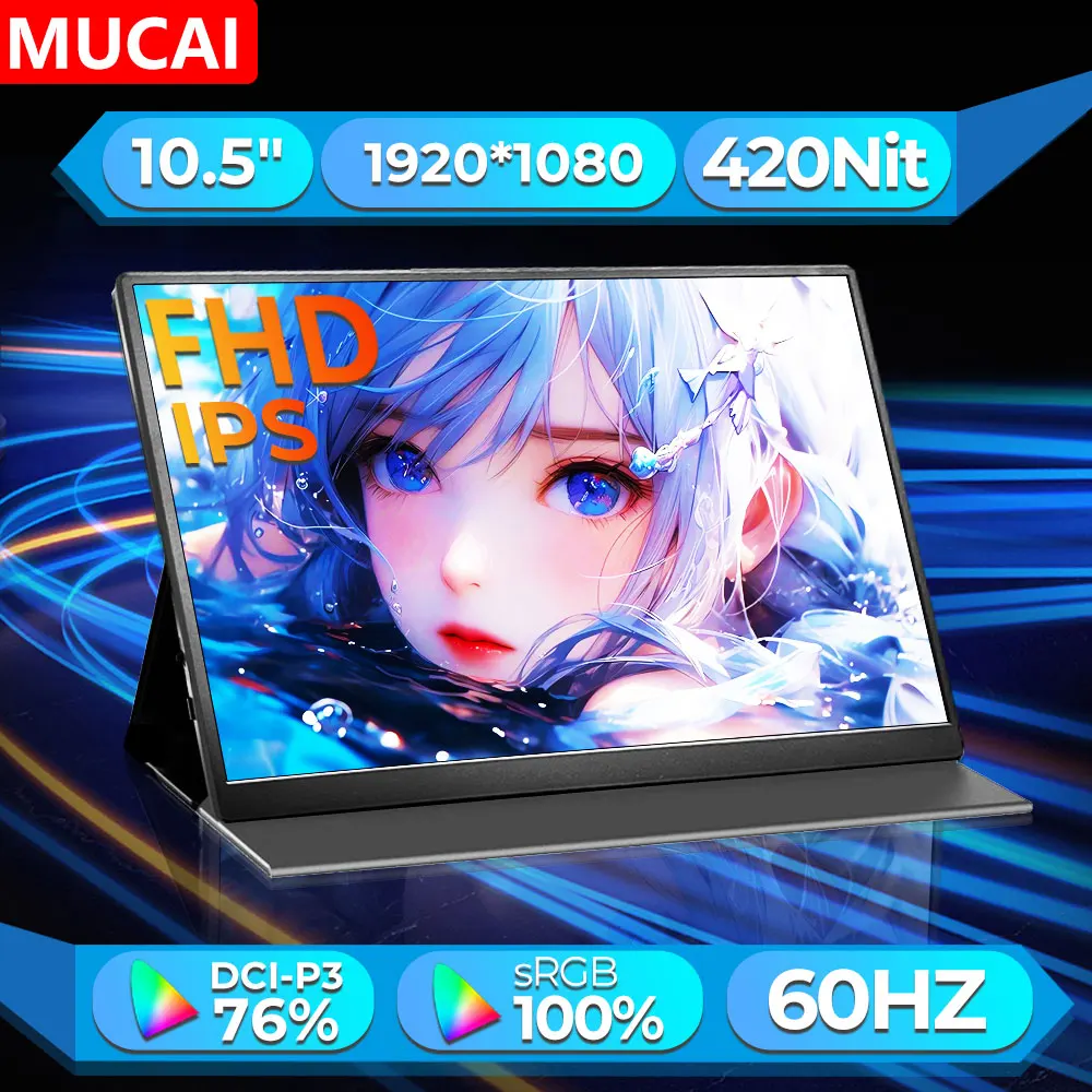 MUCAI 100% sRGB Monitor móvil portátil de luz azul baja 10,5 "IPS adecuado para computadora portátil, Mac, Xbox, PS4/5, y dispositivos de visualización de interruptor