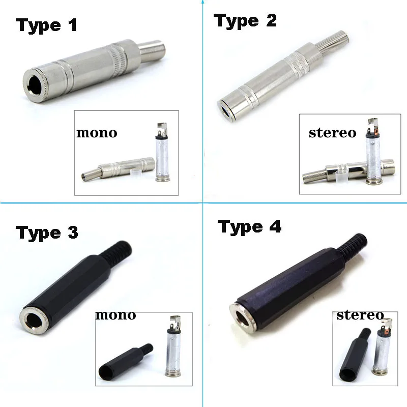 4 tipos de Audio mono/estéreo Metal 6,35mm 6,5 hembra 1/4 "enchufe conector enchufe soldadura adaptador soldado 6,35mm para KTV h - imagen 2