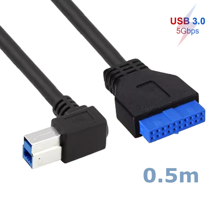 Cable conector de cabezal de 19 pines para placa base 3,0, USB 3,0 tipo B de 90 grados macho a 3,0, para impresora, escáner, caja de disco duro, 50cm