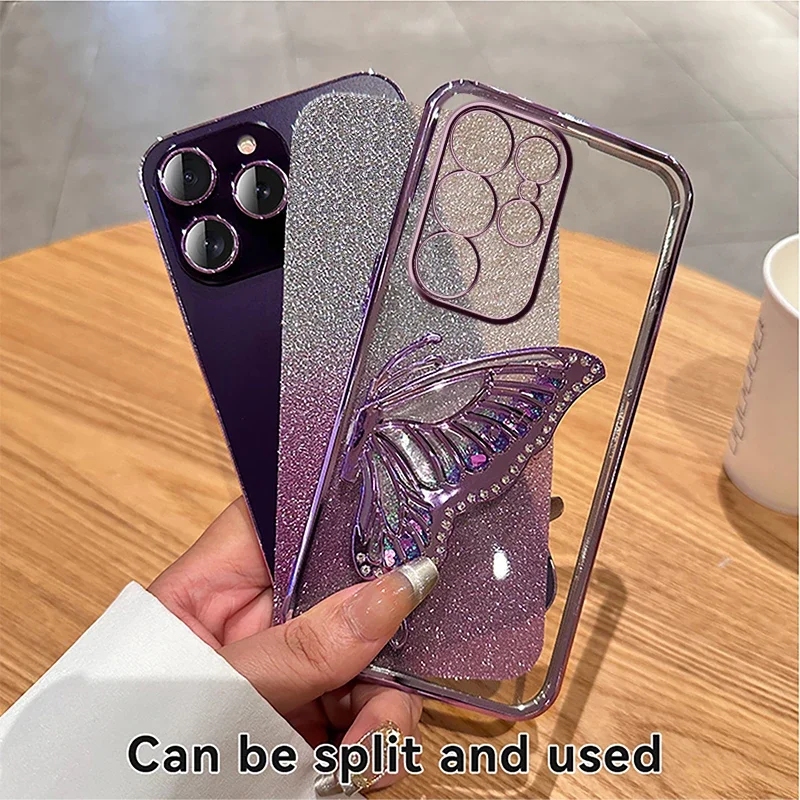 Soporte de teléfono con mariposa de arena líquida 3D, funda chapada con purpurina para Samsung Galaxy S25 S24 Plus S23 FE S22 Note 20 Ultra S20 S21 FE - imagen 3