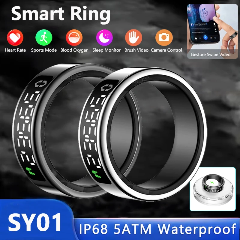 Anillo inteligente con pantalla LED para hombre, Monitor de ritmo cardíaco, oxígeno en sangre, sueño, cepillo, vídeo, 5ATM, resistente al agua, modo multideportivo