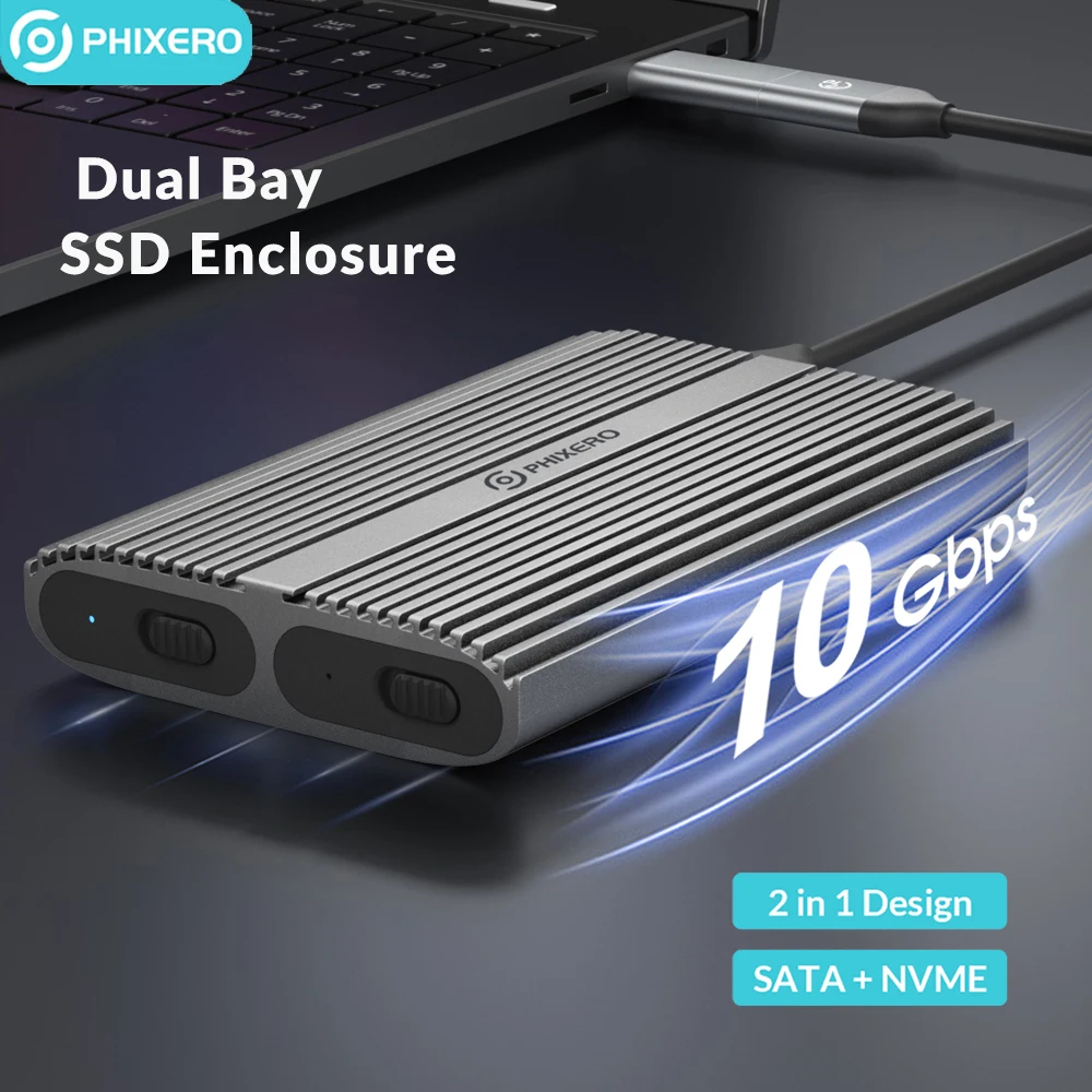 PHIXERO 10Gbps herramienta gratis Dual Bay M.2 NVMe 2bay SSD carcasa 10Gbps velocidad de parpadeo Thunderbolt 3 Compatible con Windows Mac - imagen 2