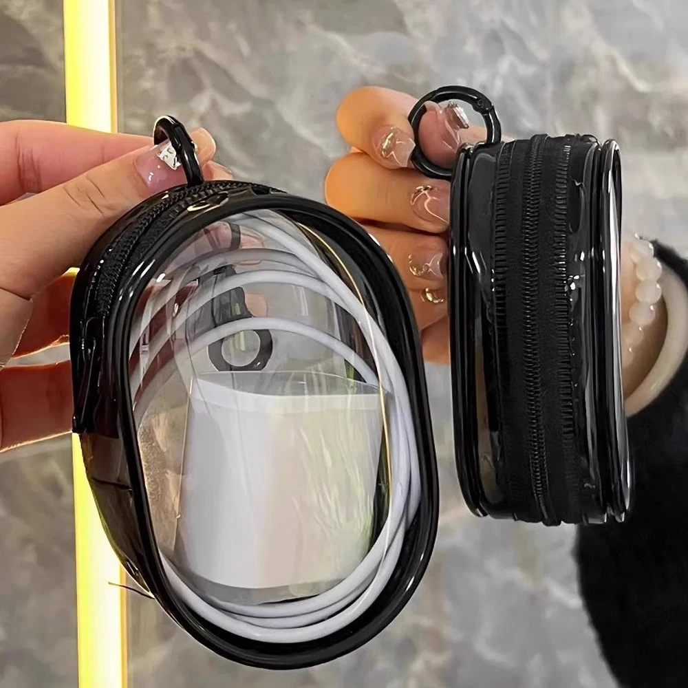 Mini bolsa de almacenamiento de Cable de carga transparente portátil con cremallera, funda multifuncional para auriculares, accesorios de viaje con llavero - imagen 3