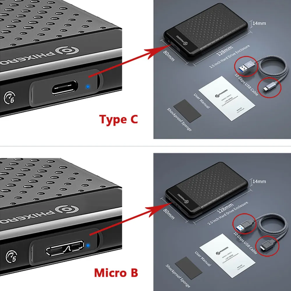 PHIXERO 2,5 "pulgadas SATA HDD carcasa SSD disco duro caja externa USB 3,0 tipo C 6Gbps 7mm 9,5mm caja de almacenamiento de disco para PC portátil - imagen 5