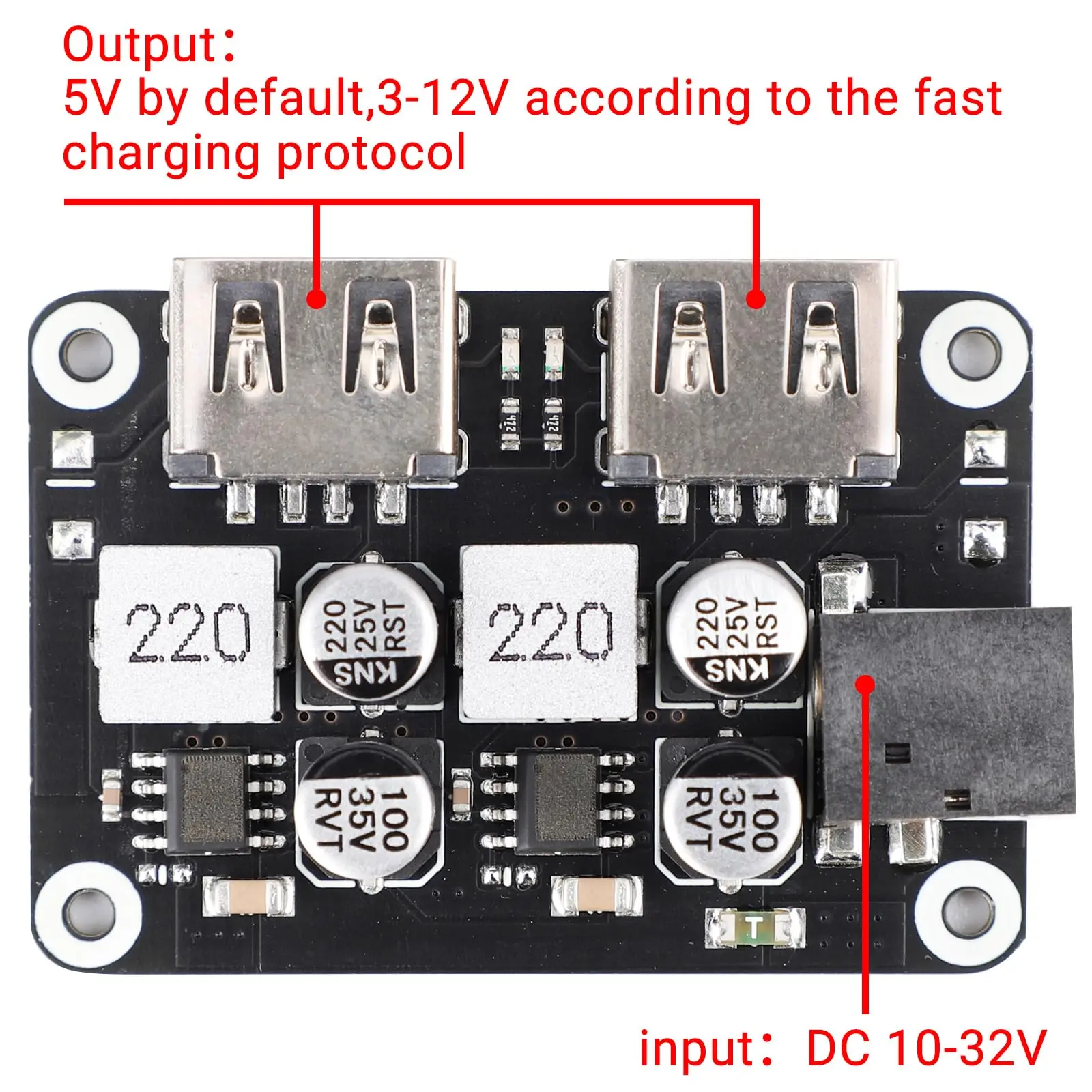 Convertidor Buck USB de 12V a 5V CC, adaptador de fuente de alimentación automática de placa de cargador rápido con puerto USB Dual DC-DC 10-32V 12V 24V a 5V 9V - imagen 2