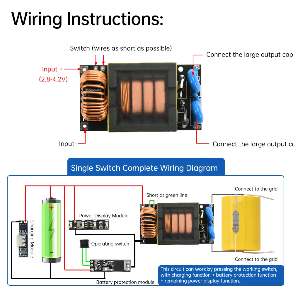 Transformador de alto voltaje DC 3,7 V a 4000V, bobina de encendido, controlador inversor, arco violento, módulo de placa de circuito eléctrico para batido de mosquitos - imagen 5